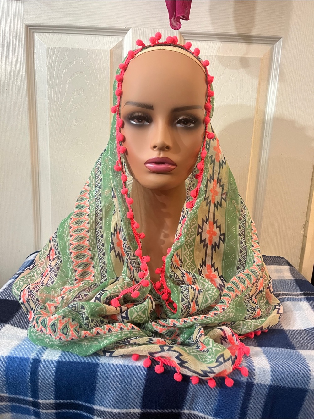 Bohemian Green Patterned Scarf with Pink Pom Pom Trim